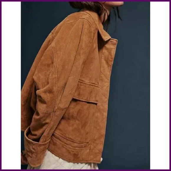 Faux Suede Bomber Jacket Oversized Fit with Pockets Women's Casual - Picture 5 of 5